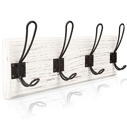 Coat Hooks Wall Mounted Long,Rustic Wood Coat Rack,Farmhouse Style Hanging Hat Rack with 5 Durable Metal Hook White